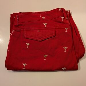 J. CREW Women's Vintage Preppy Dark Red Capris with Martini Glass Print | 12P